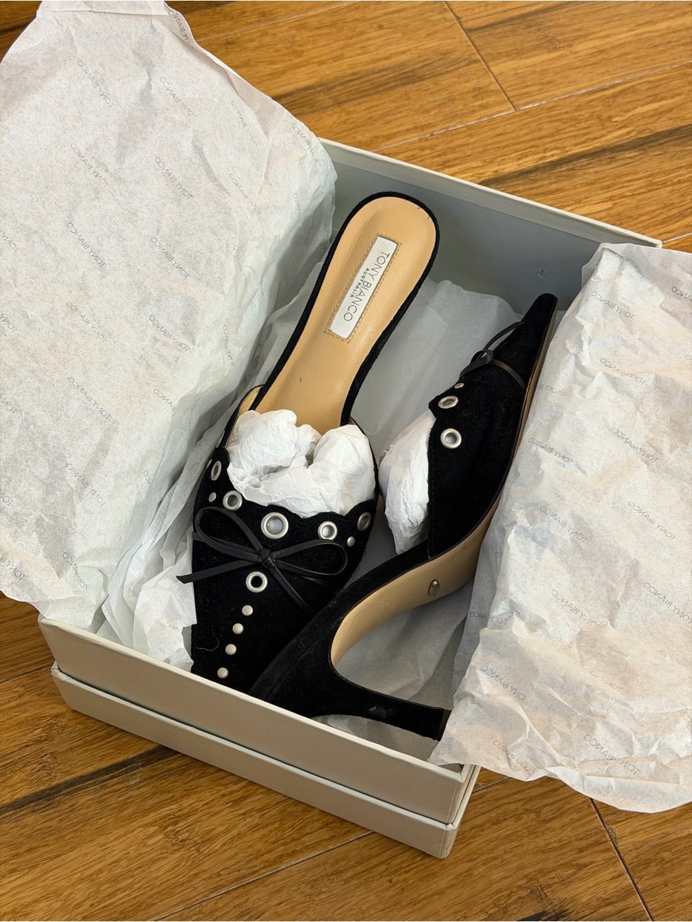 TONY BIANCO Black Suede Pointed Toe Mule Heels - Picture 9 of 10